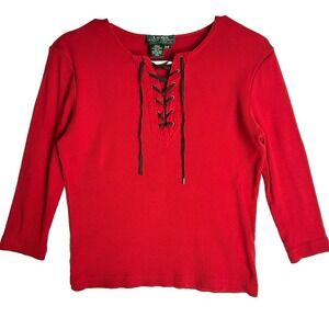 VTG Ralph Lauren Lace Up Peasant Ribbed Knit Black Label Top Womens S P SP Red‎